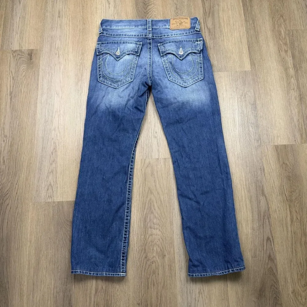 True Religion Jeans Mens 33x31 Blue Straight Flap Natural Big T Stitch Denim